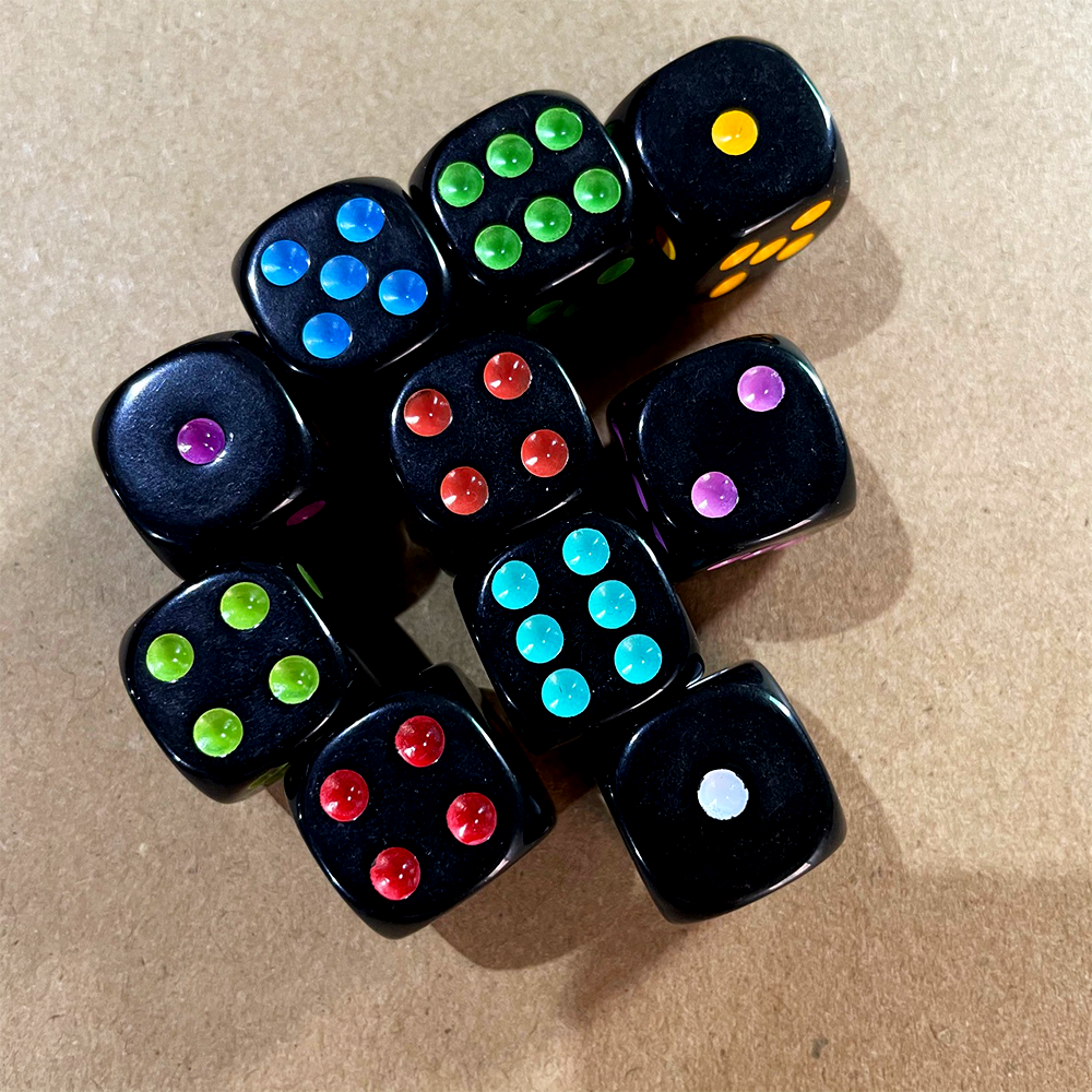 16MM Acrylic Dice Black Color Dot 10pcs/set Dice Game Rounded Corners Custom Dice Board Game