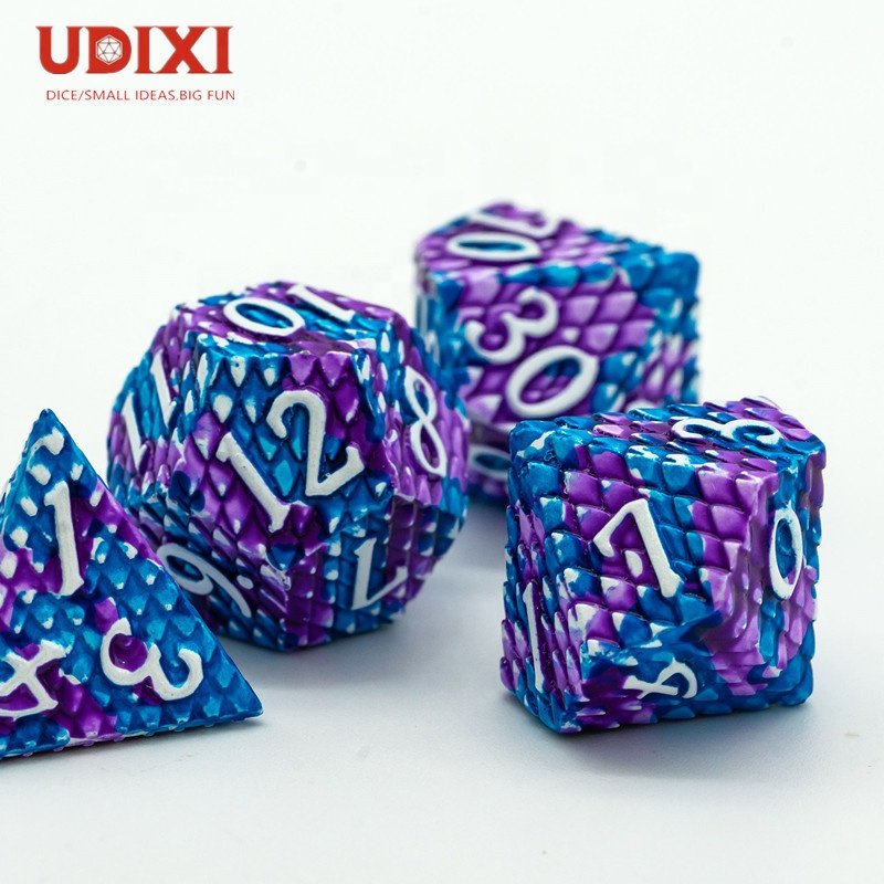 Udixi Polyhedral RPG Metal dungeons and dragons Custom logo Dice Set Dragon Scale White&Purple