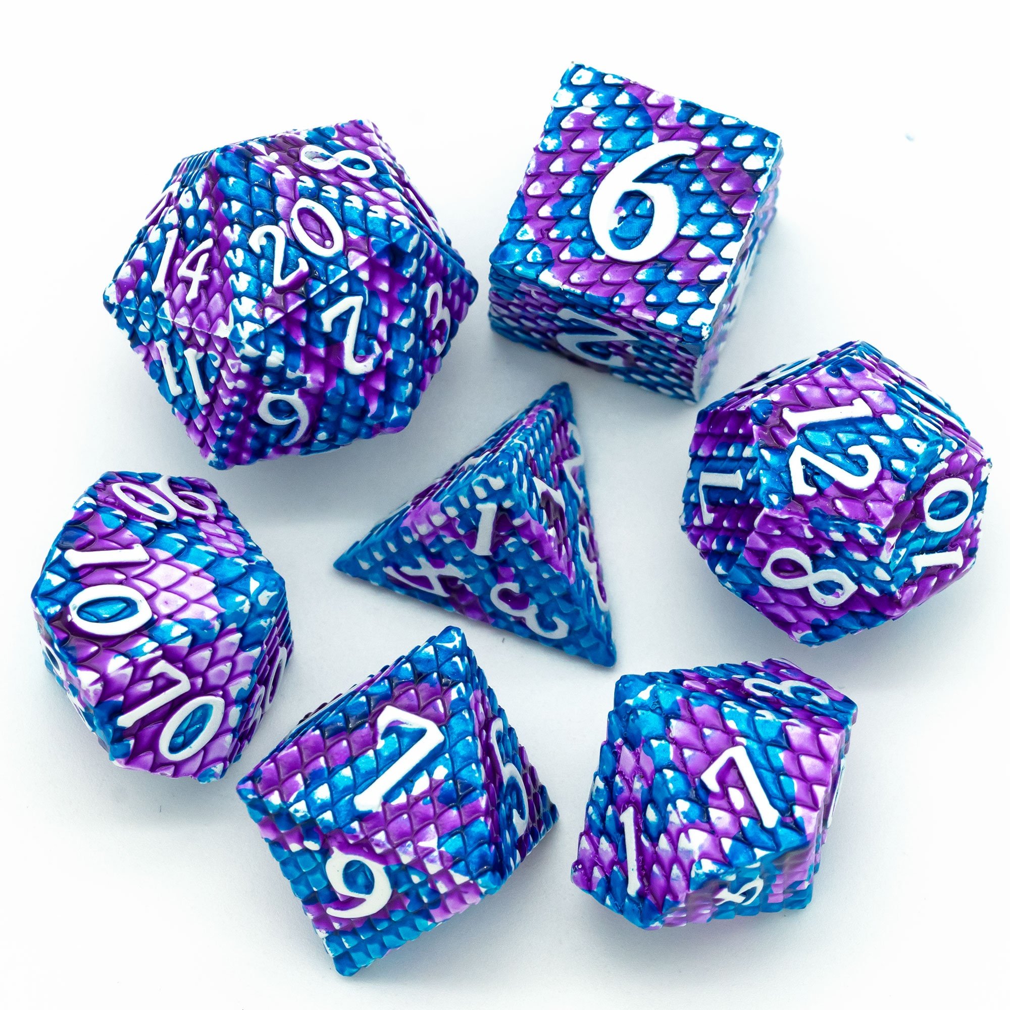 Udixi Polyhedral RPG Metal dungeons and dragons Custom logo Dice Set Dragon Scale White&Purple