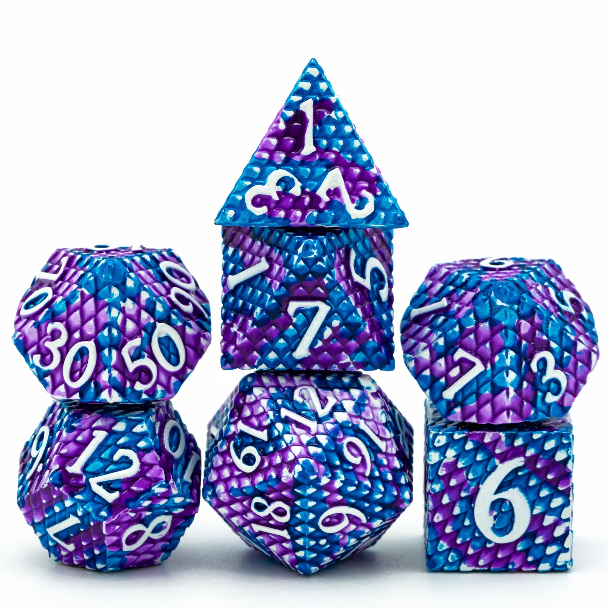 Udixi Polyhedral RPG Metal dungeons and dragons Custom logo Dice Set Dragon Scale White&Purple