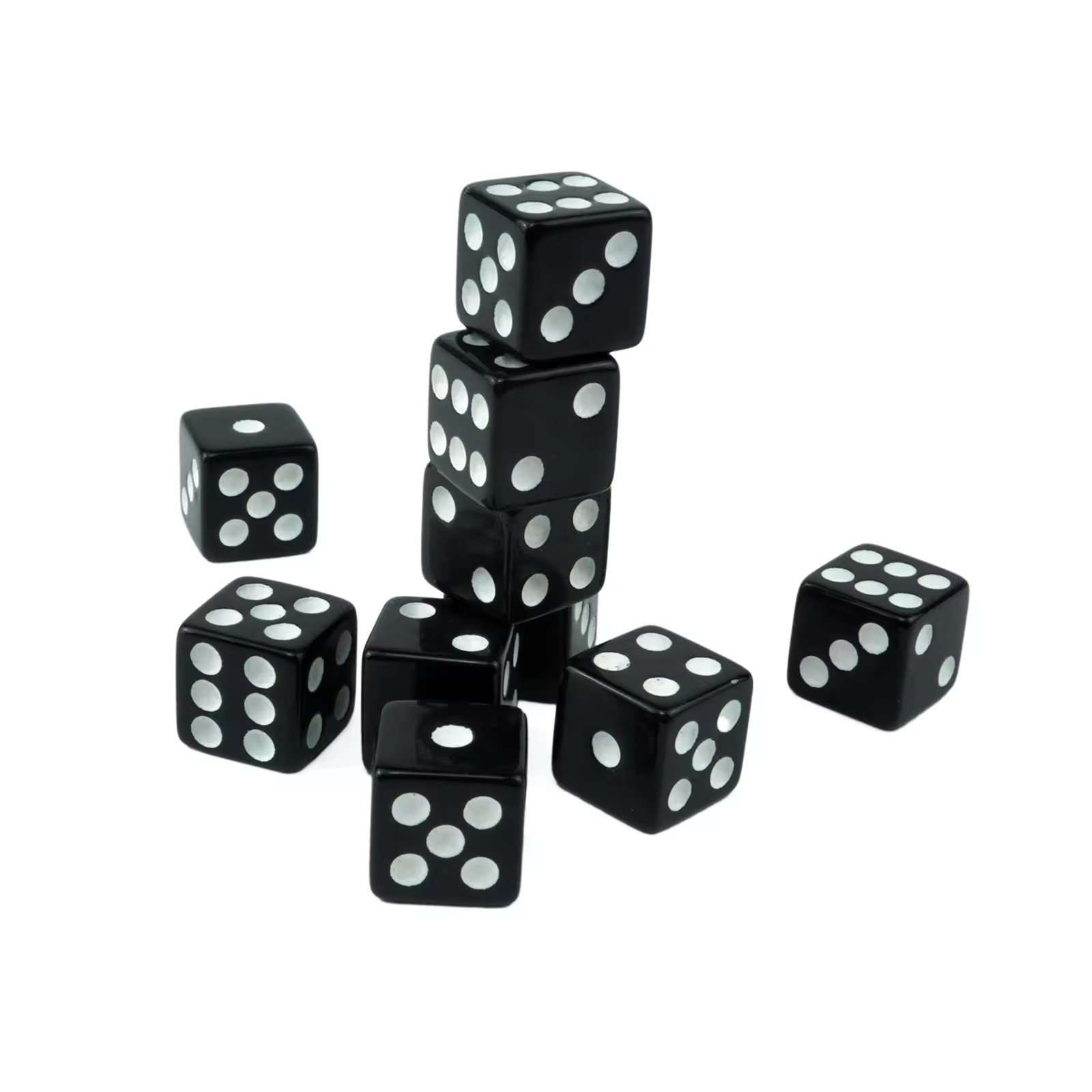 wholesale custom 10mm black acrylic dice with white dot square d6 sided with straight corner for casino card board games
