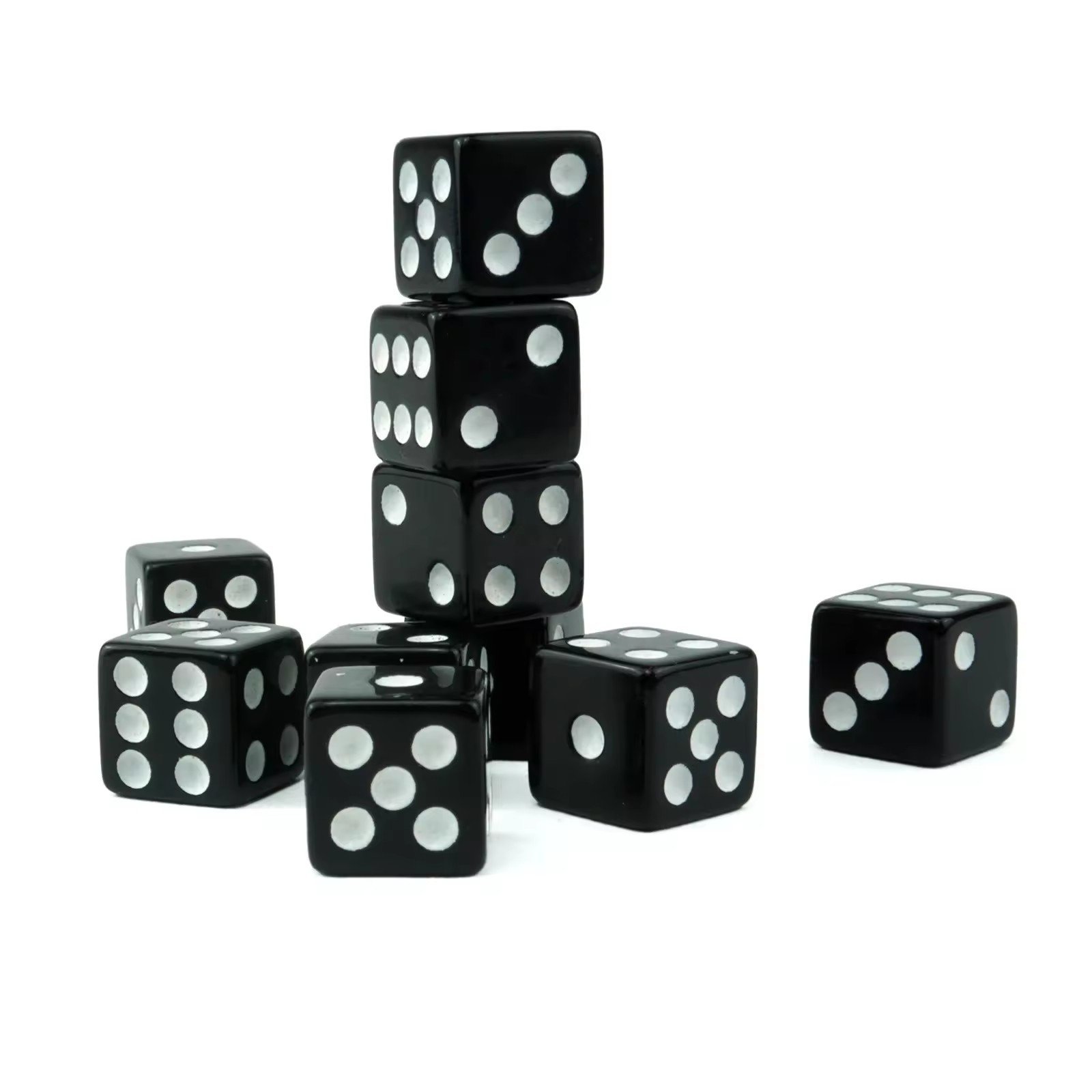 wholesale custom 10mm black acrylic dice with white dot square d6 sided with straight corner for casino card board games