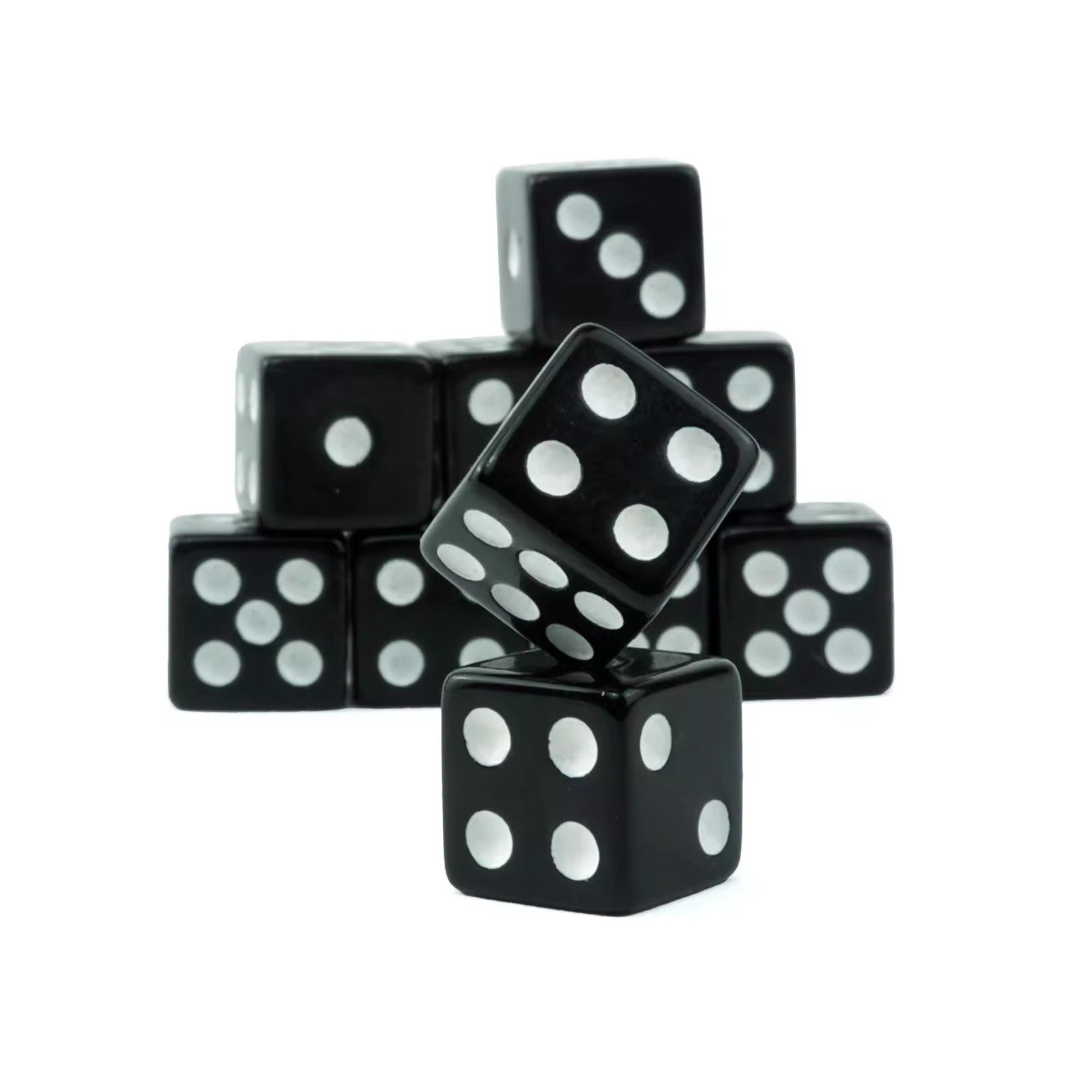 wholesale custom 10mm black acrylic dice with white dot square d6 sided with straight corner for casino card board games