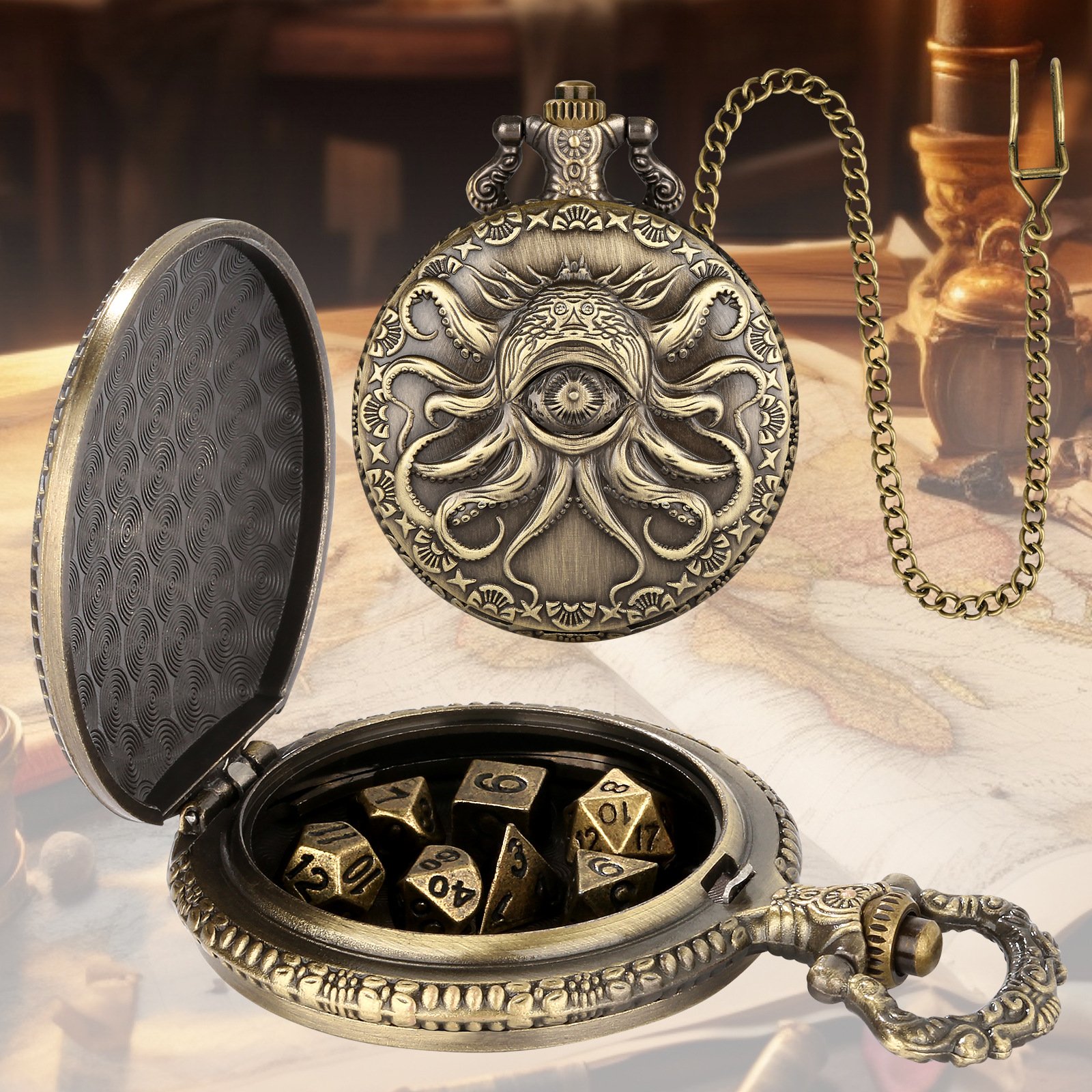 Fierce One-eyed Cthulhu Vintage Pocket Watch Shell Hollow DND Metal Dice Box for DND Game Lover