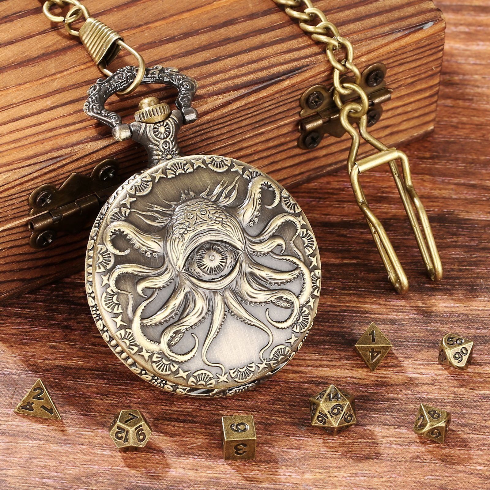 Fierce One-eyed Cthulhu Vintage Pocket Watch Shell Hollow DND Metal Dice Box for DND Game Lover