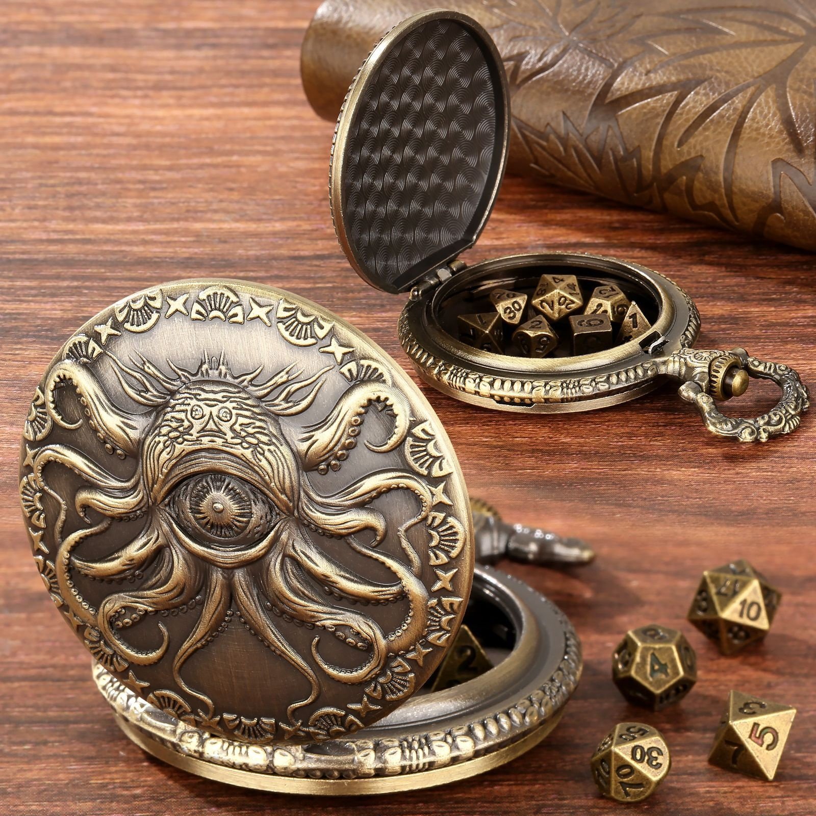 Fierce One-eyed Cthulhu Vintage Pocket Watch Shell Hollow DND Metal Dice Box for DND Game Lover