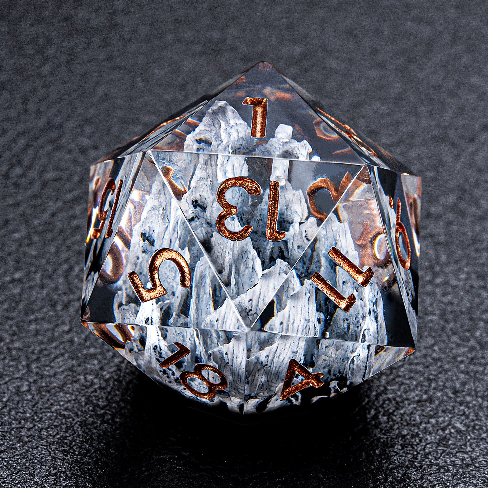 Factory Direct Polyhedral Clear White Sharp Edge Dnd Resin Dice Set With Mountain Stone For Table Games