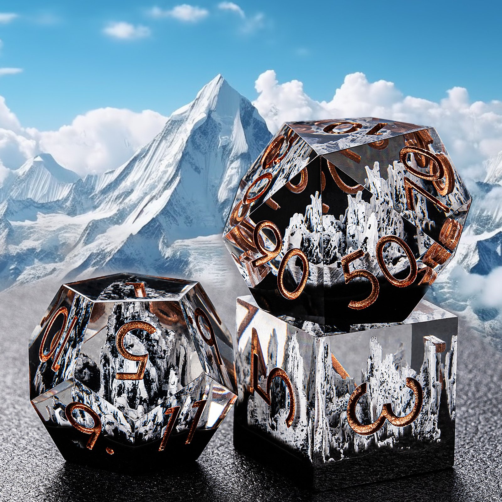 Factory Direct Polyhedral Clear White Sharp Edge Dnd Resin Dice Set With Mountain Stone For Table Games