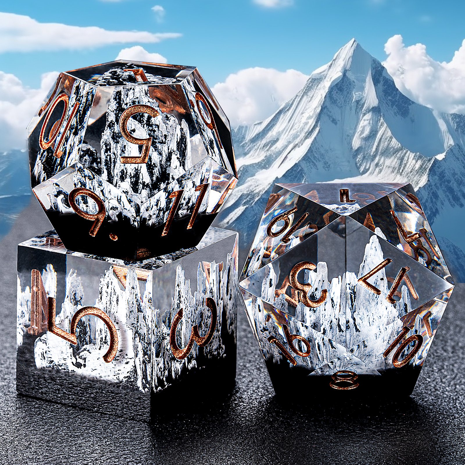 Factory Direct Polyhedral Clear White Sharp Edge Dnd Resin Dice Set With Mountain Stone For Table Games