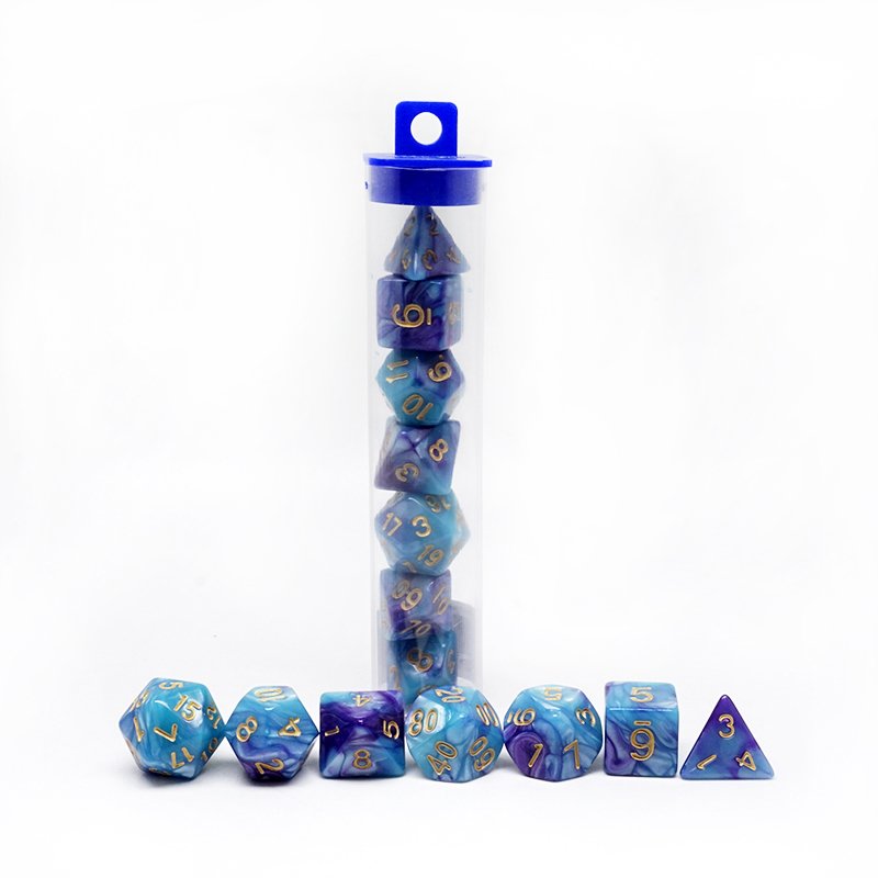 Wholesale 7pcs Set Two-tone Color Marble Polyhedral Dice Set in Clear PVC Dice Tube pack,dice in small black velvet bags