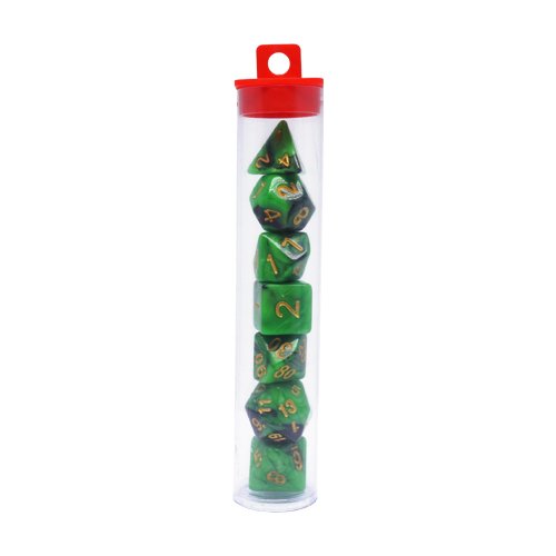 Wholesale 7pcs Set Two-tone Color Marble Polyhedral Dice Set in Clear PVC Dice Tube pack,dice in small black velvet bags