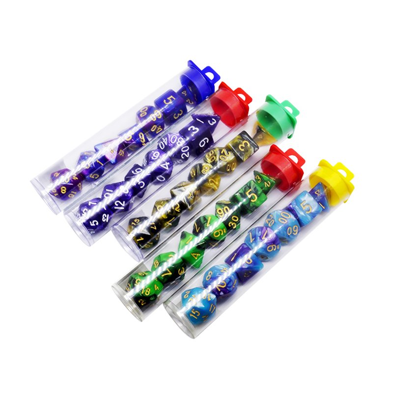 Wholesale 7pcs Set Two-tone Color Marble Polyhedral Dice Set in Clear PVC Dice Tube pack,dice in small black velvet bags