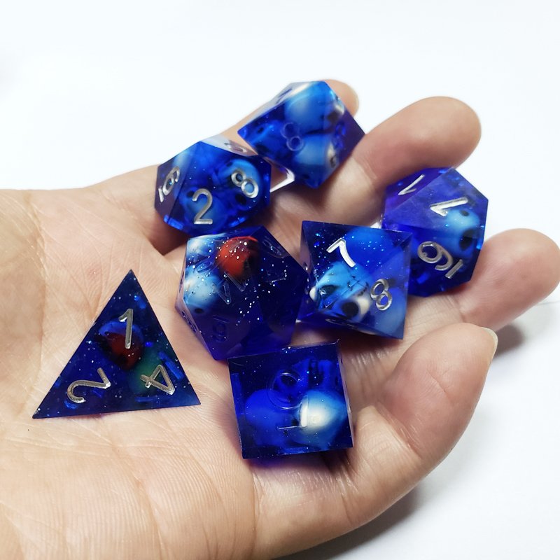 Royal Blue Transparent RPG Dice D20 Polyhedral Games Embedded With Right Angle D6 Custom Logo Resin Dice