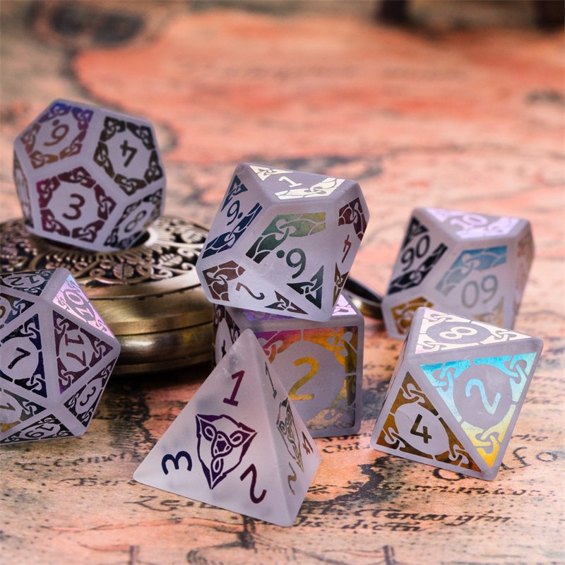Udixi Custom Logo Dnd Rpg White Quartz Rainbow Pattern Semi-Precious Gemstone Dice Sets