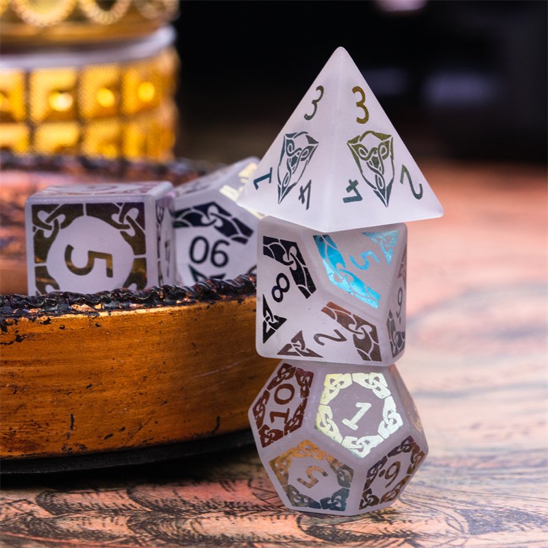 Udixi Custom Logo Dnd Rpg White Quartz Rainbow Pattern Semi-Precious Gemstone Dice Sets