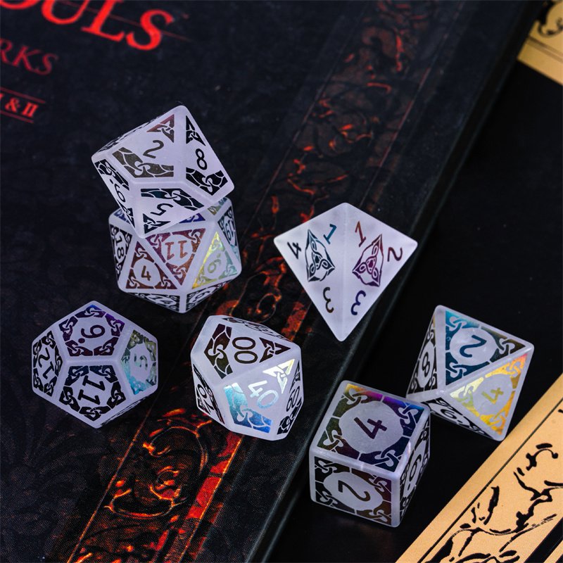 Udixi Custom Logo Dnd Rpg White Quartz Rainbow Pattern Semi-Precious Gemstone Dice Sets