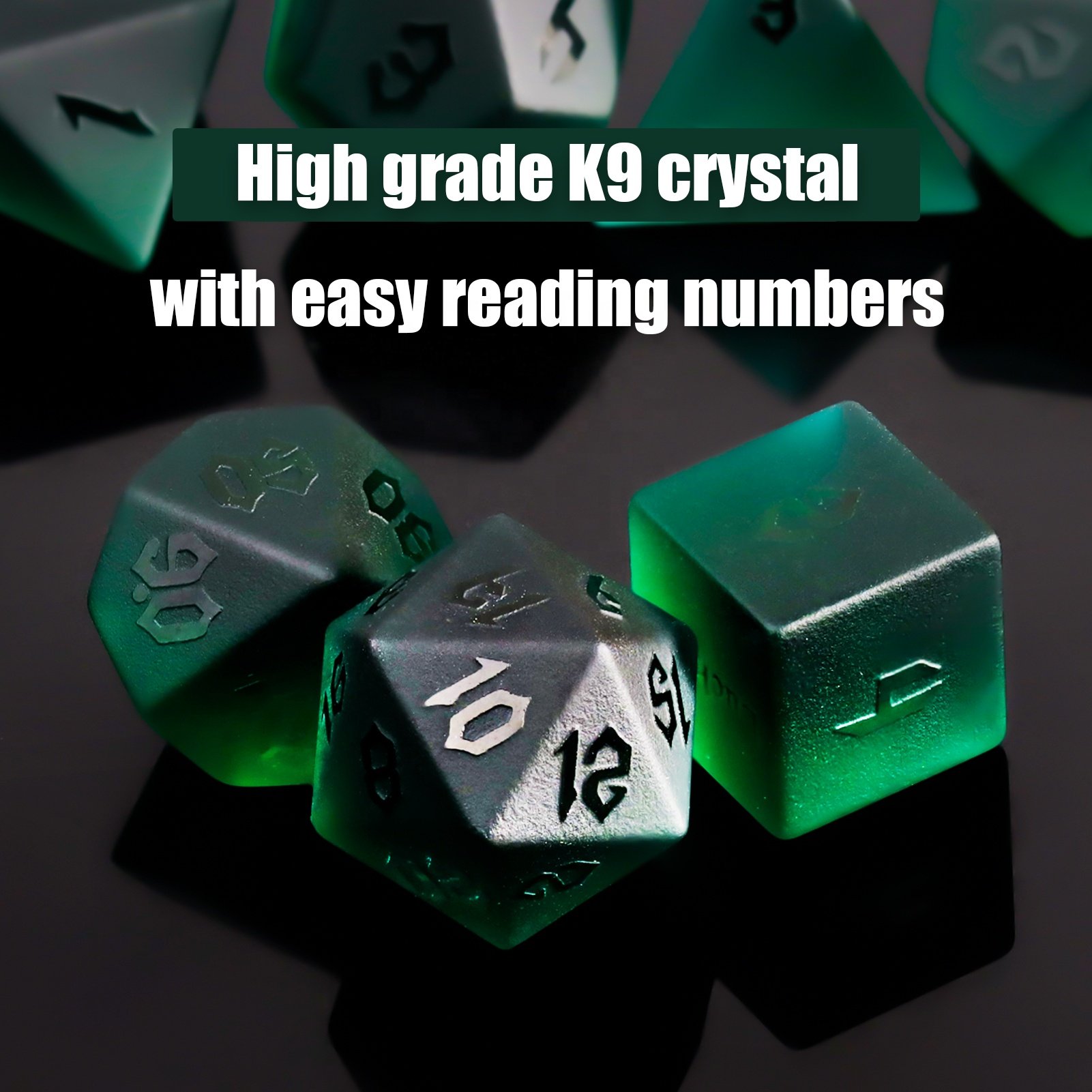 Dark Green Frosted Glass Polyhedral Game Dice Set For Dungeons And Dragons DND Or RPG Role-playing Games