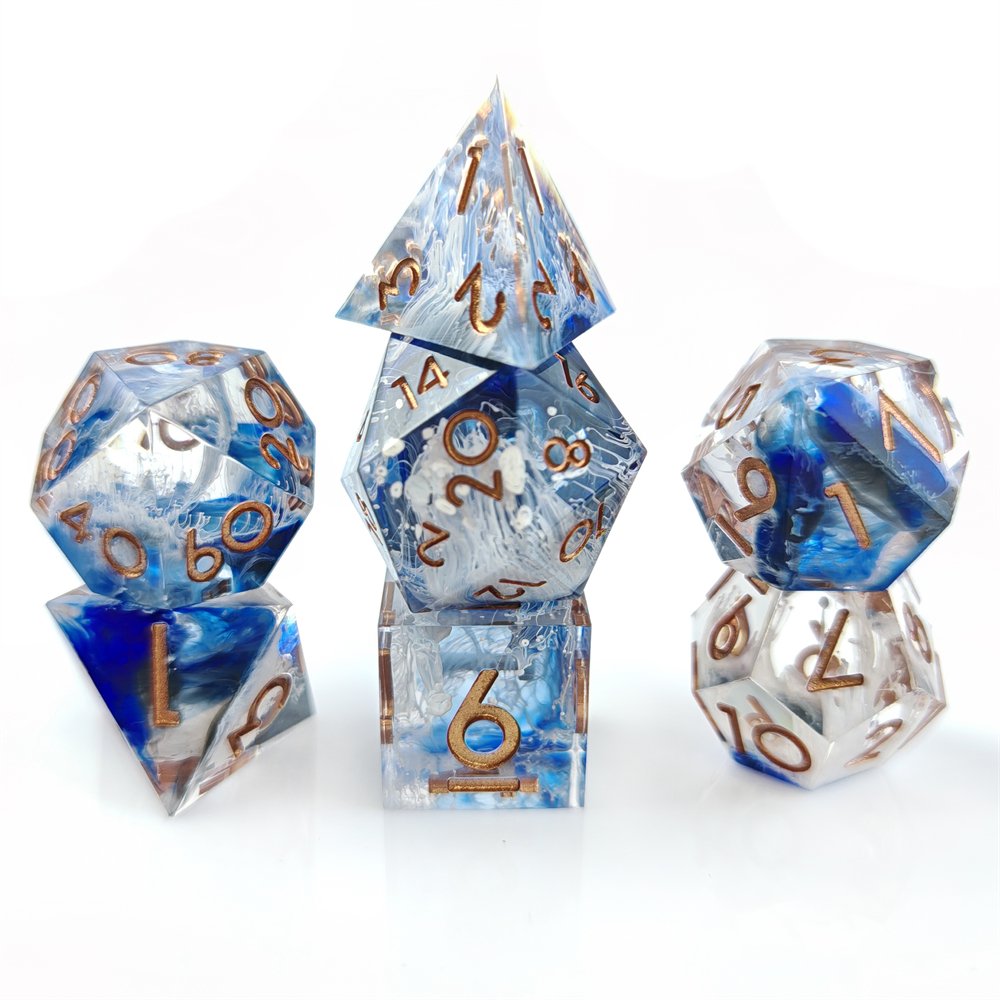 7pcs Resin Dice for Dungeons and Dragons Board Game Polyhedral Sharp Edge Transparent Purple Sequin DND Dice