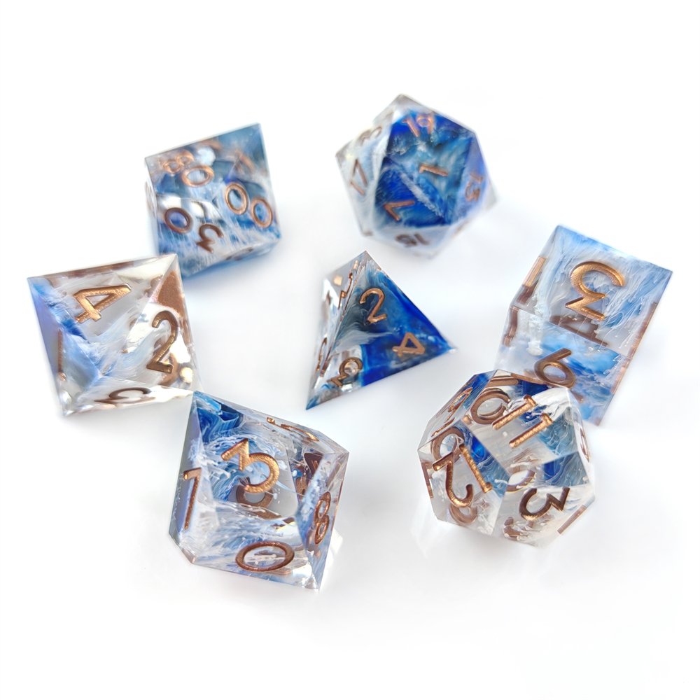 7pcs Resin Dice for Dungeons and Dragons Board Game Polyhedral Sharp Edge Transparent Purple Sequin DND Dice