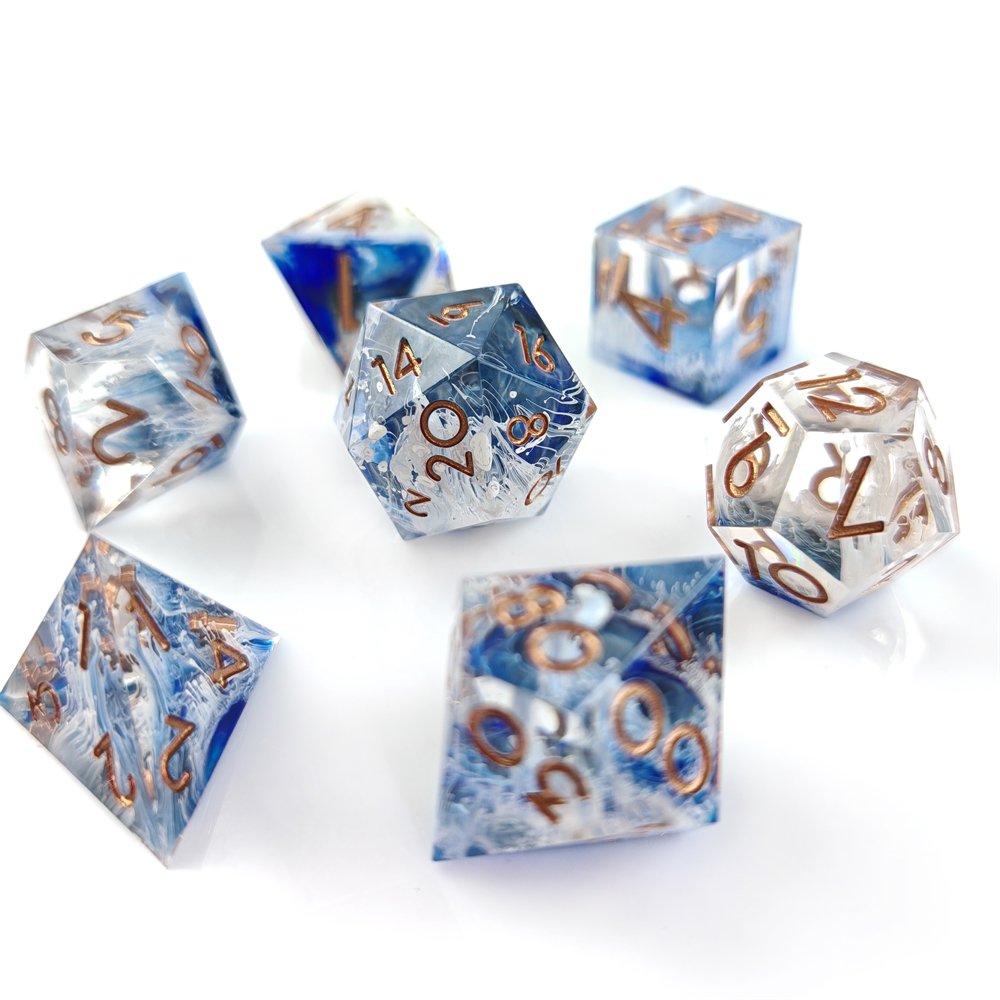 7pcs Resin Dice for Dungeons and Dragons Board Game Polyhedral Sharp Edge Transparent Purple Sequin DND Dice