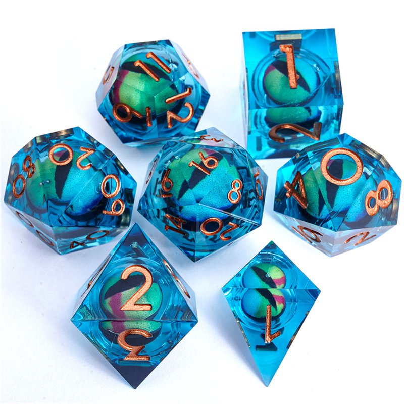 Newly upgraded dual color longan with 7 resin liquid cores filled with sharp edge D&D dice, suitable for Dungeons&Dragons games