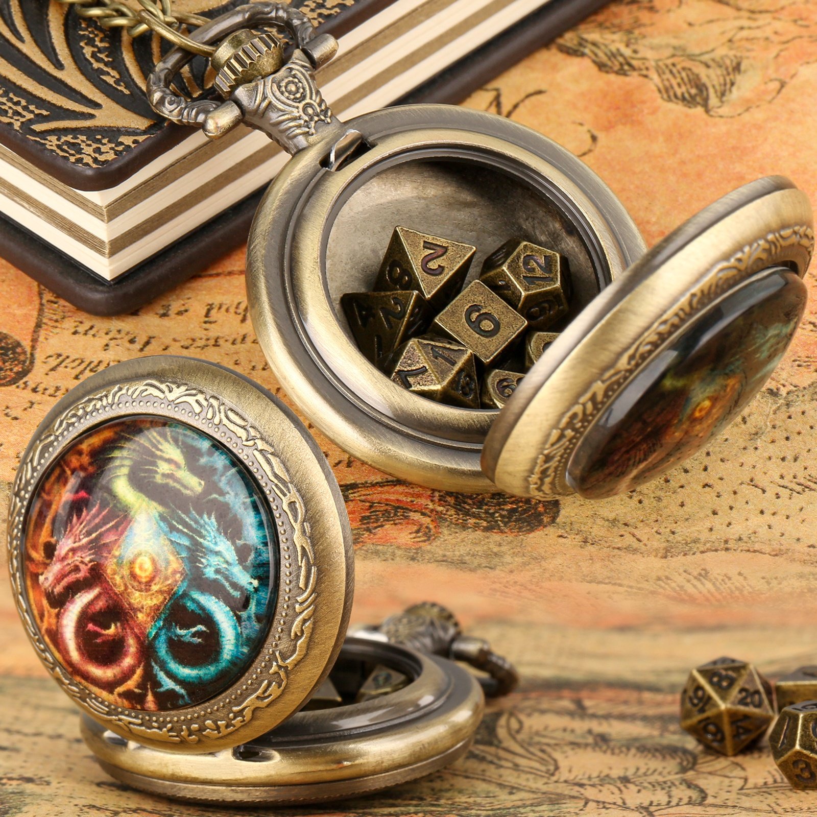 LM Mysterious Theme Mini Dice Set Pocket Watch DND Metal Dice Box for Dungeons and Dragons