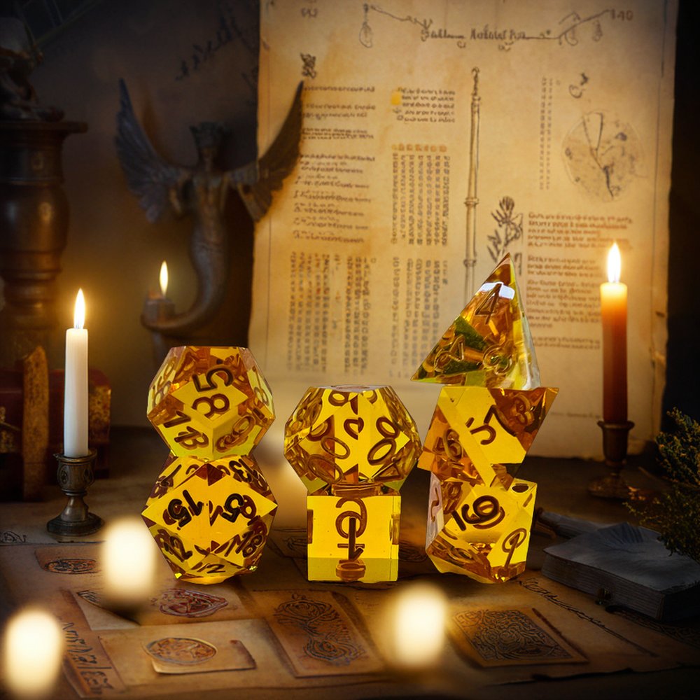 16Mm Yellow Transparent D&D Dice 7-Piece Cubes Smooth Surface RPG Table Games Resin Plastic Dice Product