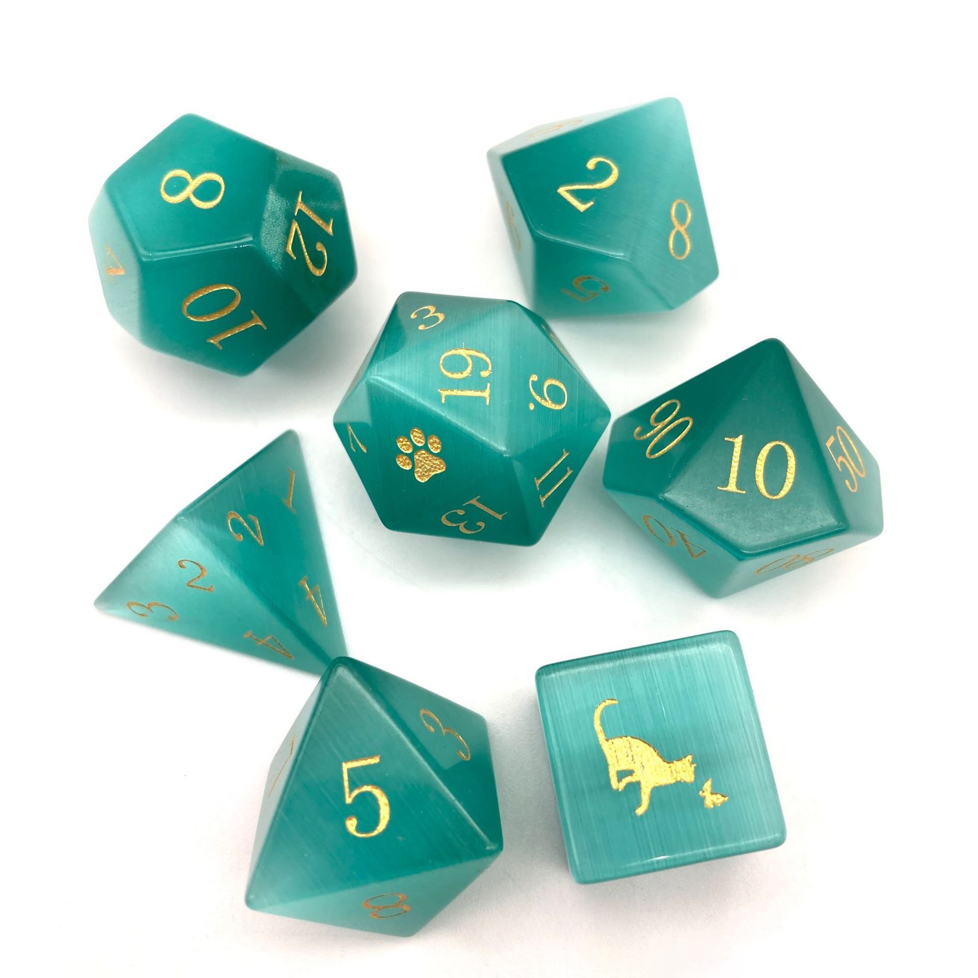 Green cat eye DnD dice board game dice set natural gem polyhedron dice with cat pattern
