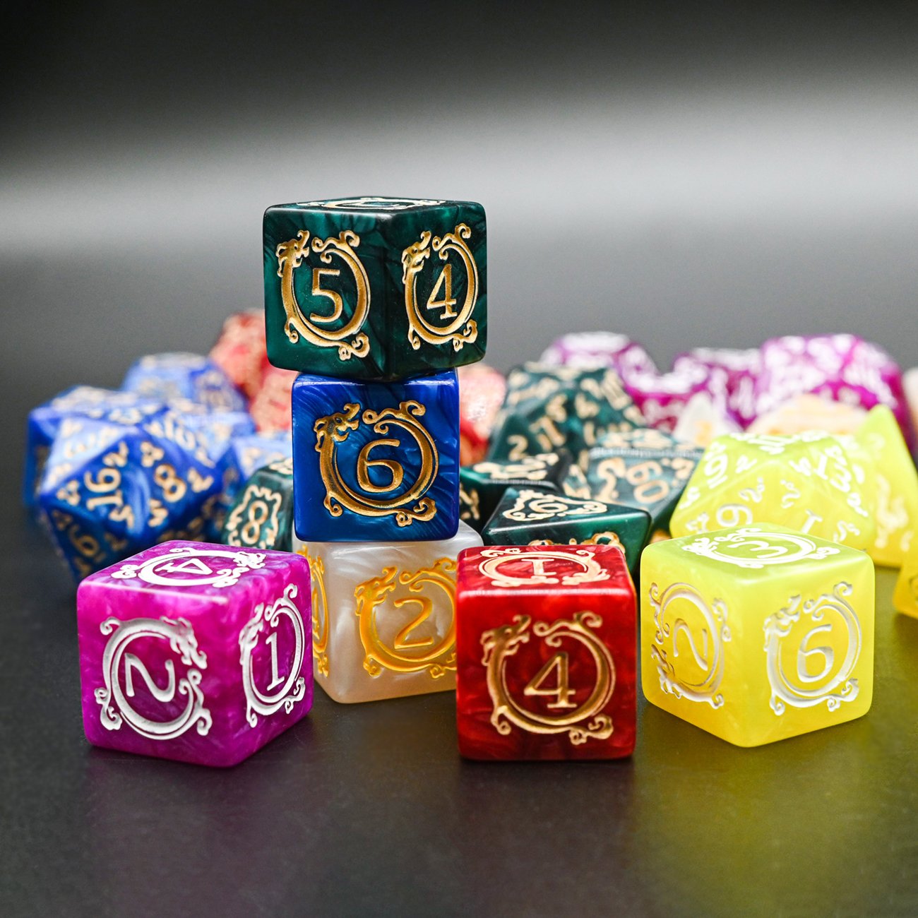 JMS Polyhedral DND RPG Pearl Pattern Dragon Design Dice Factory Wholesale Acrylic Dice Set for DND Gamer