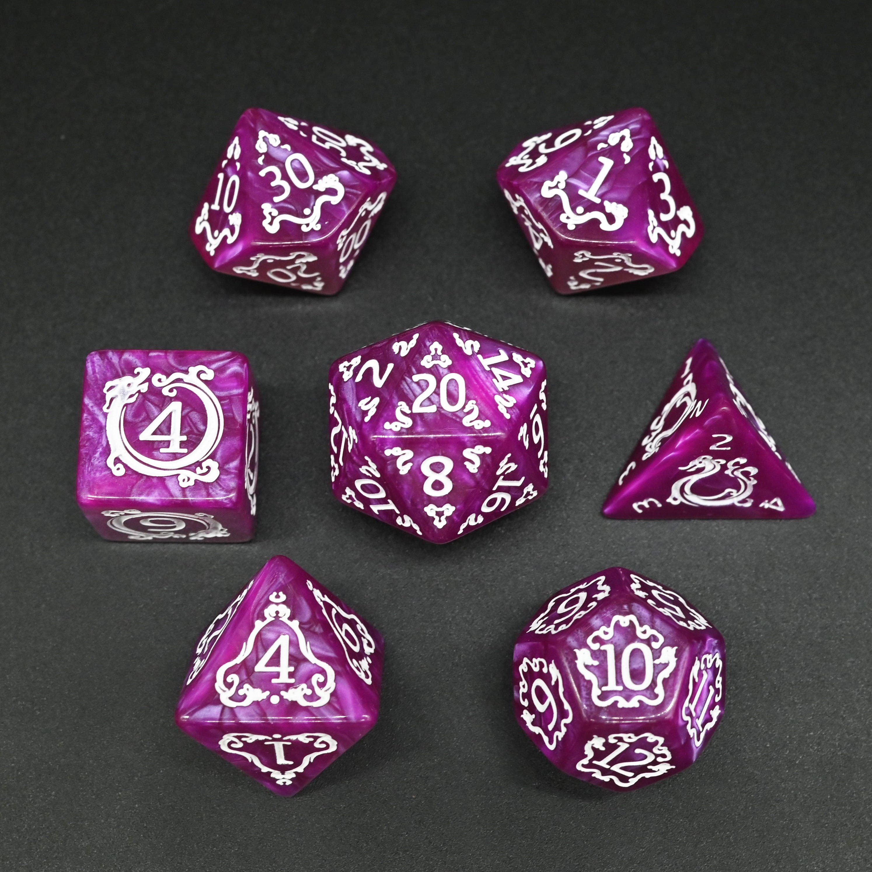 JMS Polyhedral DND RPG Pearl Pattern Dragon Design Dice Factory Wholesale Acrylic Dice Set for DND Gamer