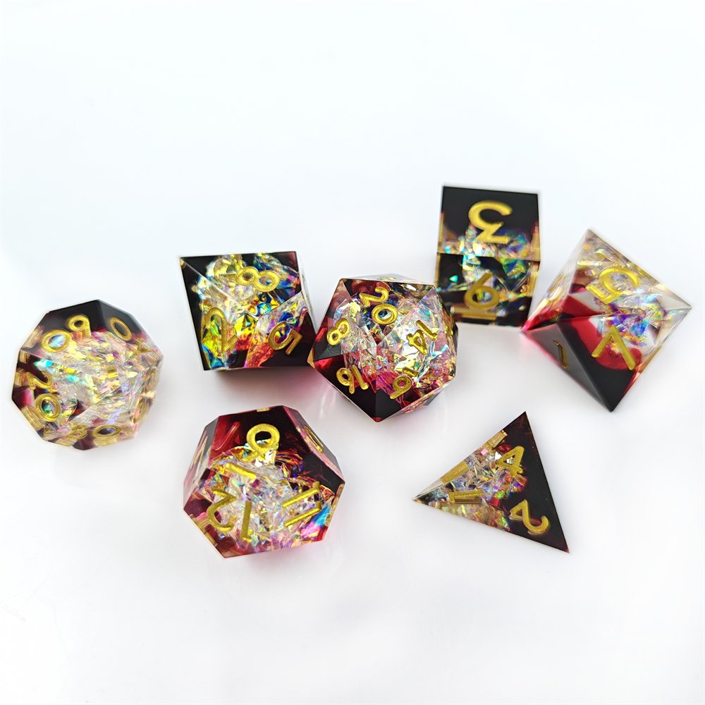 Sharp Edge Dice Set for RPG Dungeons & Dragons Board Game Black Red Transparent Sequin Polyhedral Resin Dice