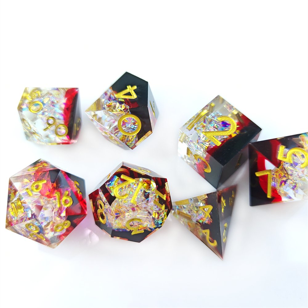 Sharp Edge Dice Set for RPG Dungeons & Dragons Board Game Black Red Transparent Sequin Polyhedral Resin Dice