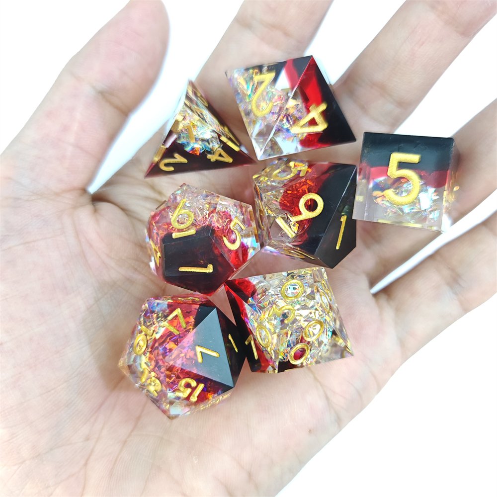 Sharp Edge Dice Set for RPG Dungeons & Dragons Board Game Black Red Transparent Sequin Polyhedral Resin Dice