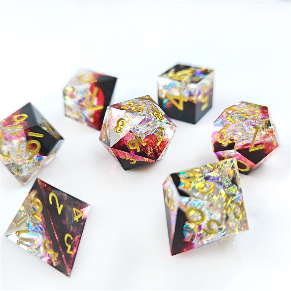 Sharp Edge Dice Set for RPG Dungeons & Dragons Board Game Black Red Transparent Sequin Polyhedral Resin Dice
