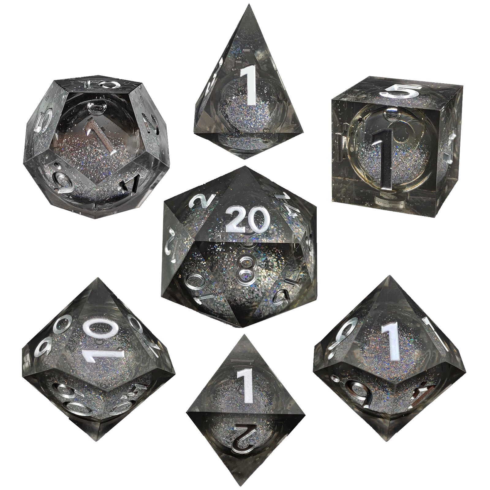 Wholesale custom polyhedron logo clear gemstone hollow quicksand tabletop game dice rpg set sharp dnd resin dice