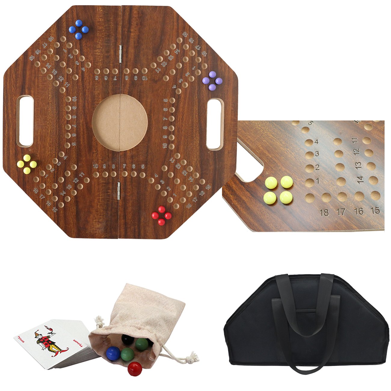 21" Foldable Original Marble Board Game Wooden Table Game for Parties Strategy Competitive 2-6 Player Marbles and Cards