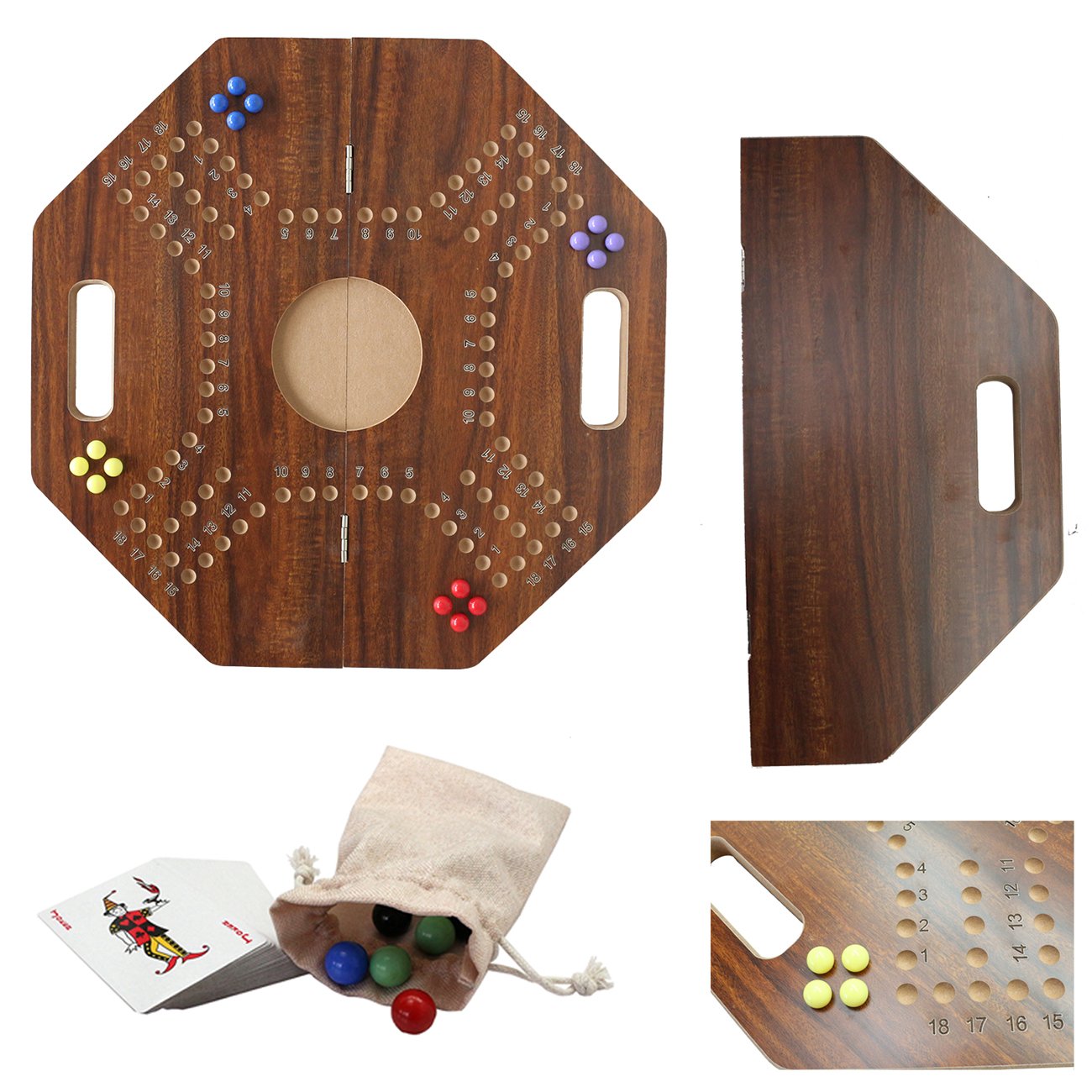 21" Foldable Original Marble Board Game Wooden Table Game for Parties Strategy Competitive 2-6 Player Marbles and Cards