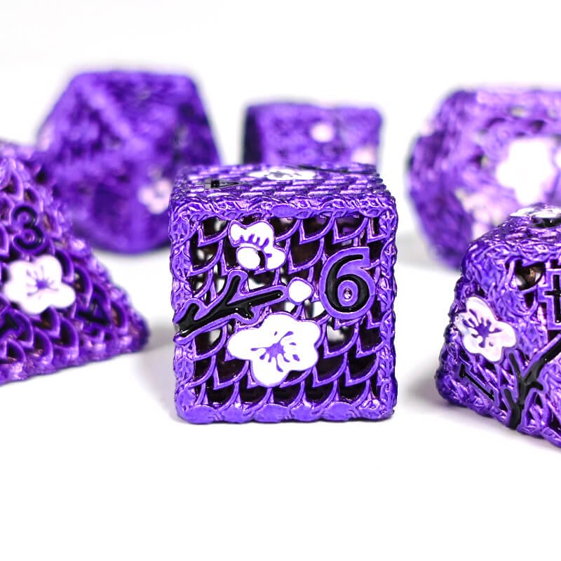 Hot Sale Wintersweet Purple Hollow Metal Dnd Dice Rpg Board Or Card Games High Quality Polyhedral Dice Set for DND Games