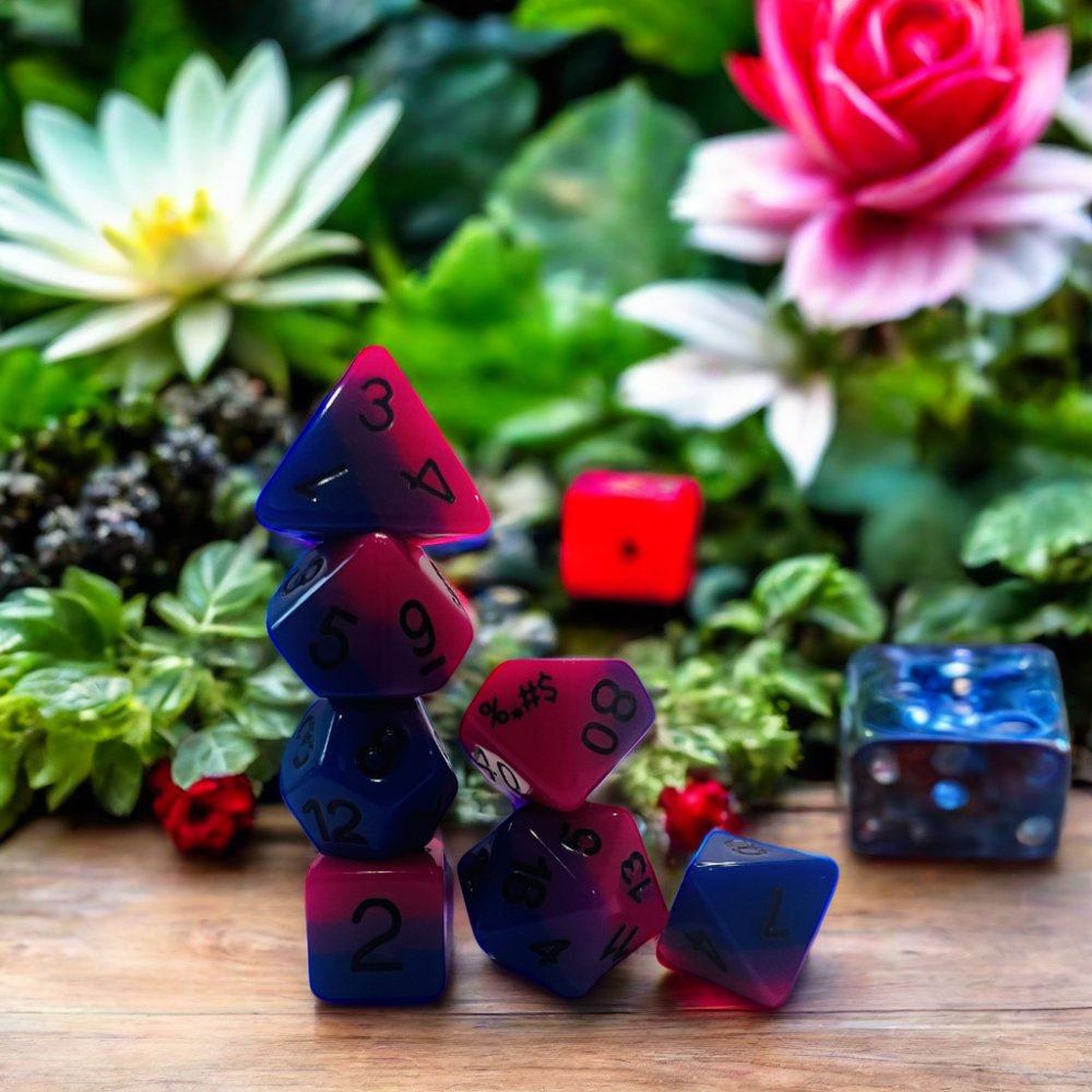 7-Pcs Bulk Wholesale Set of Transparent Soft Edge Red and Blue D&D Dice Custom Resin Soft Edge Design