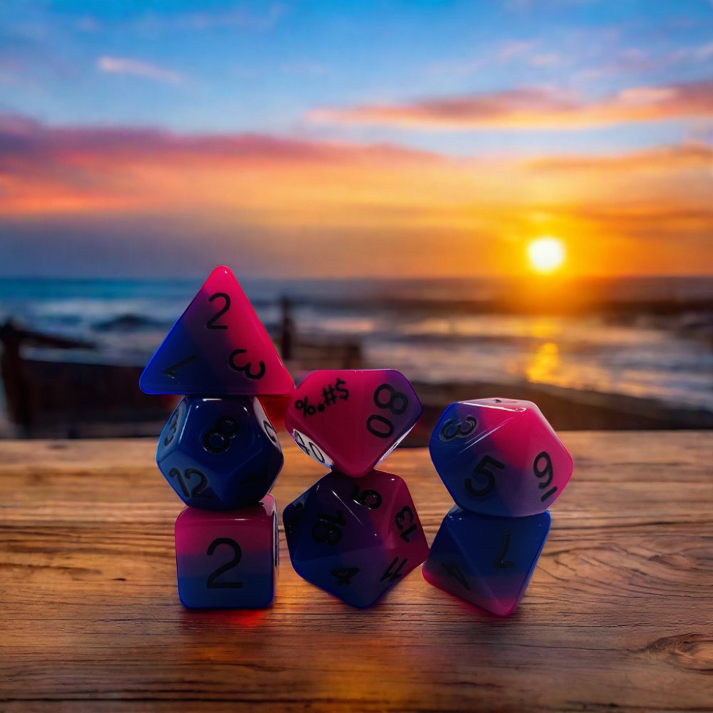 7-Pcs Bulk Wholesale Set of Transparent Soft Edge Red and Blue D&D Dice Custom Resin Soft Edge Design