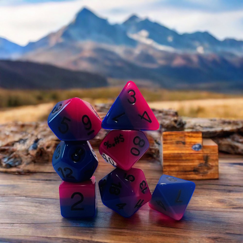 7-Pcs Bulk Wholesale Set of Transparent Soft Edge Red and Blue D&D Dice Custom Resin Soft Edge Design