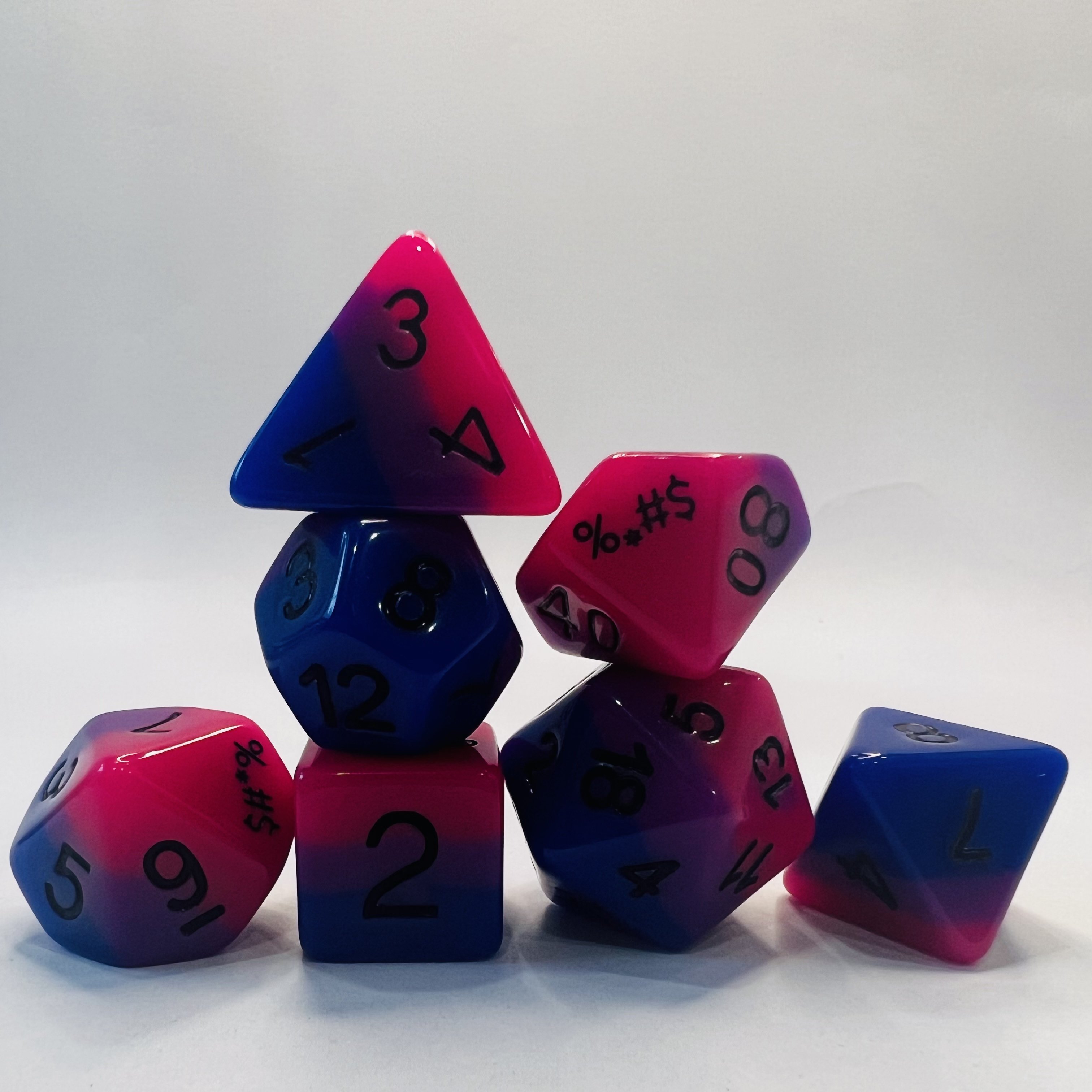 7-Pcs Bulk Wholesale Set of Transparent Soft Edge Red and Blue D&D Dice Custom Resin Soft Edge Design