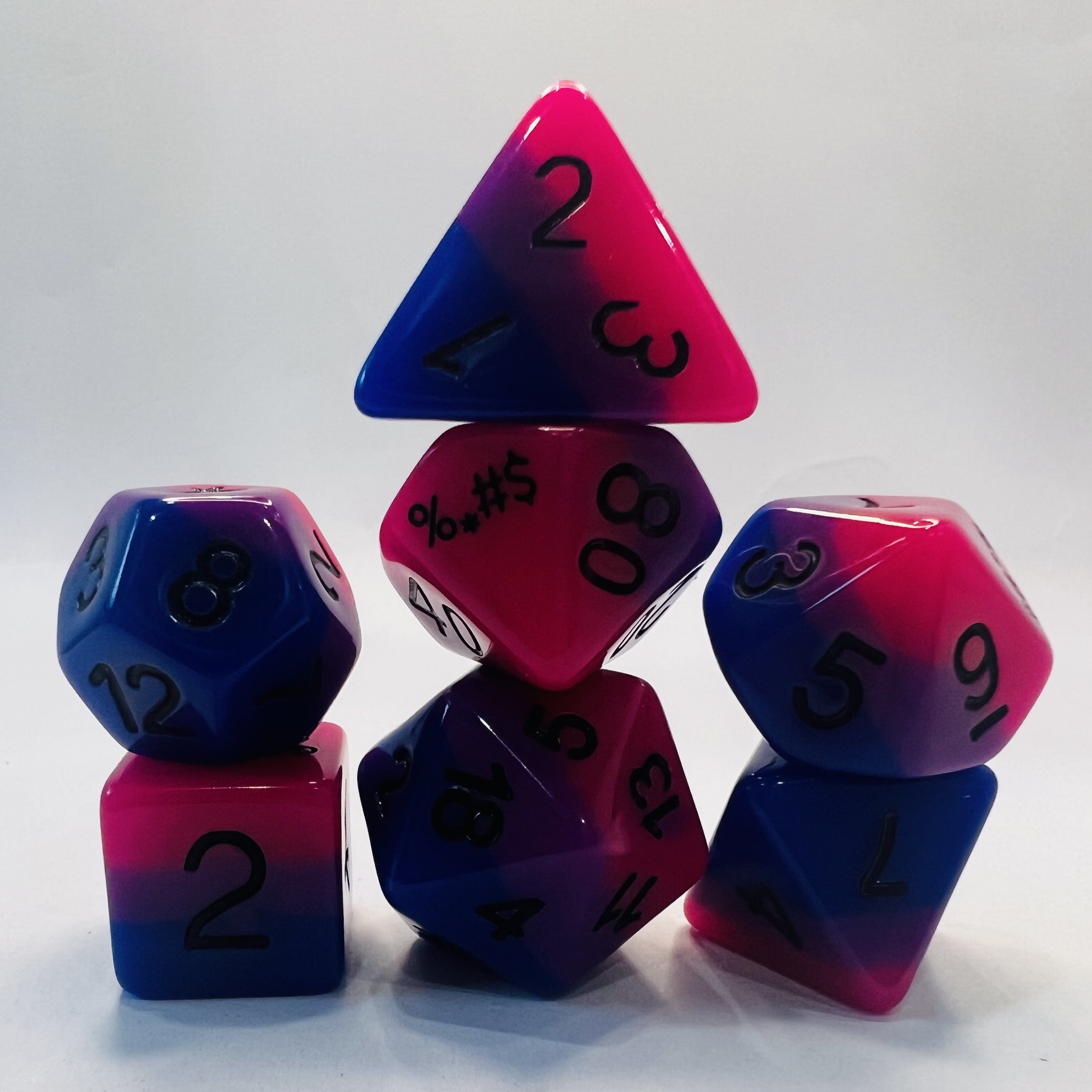 7-Pcs Bulk Wholesale Set of Transparent Soft Edge Red and Blue D&D Dice Custom Resin Soft Edge Design