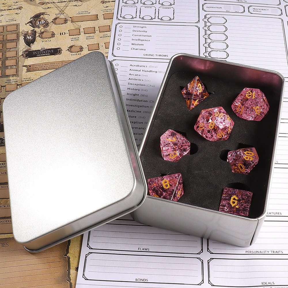 Factory Wholesale DND Dice Pink Cracked Gemstone Dice Set For Dungeons And Dragons RPG