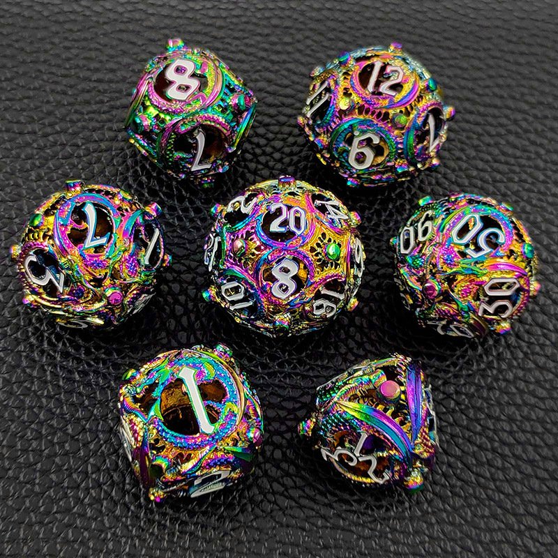 Mini Planet Wholesale RPG Board Games Handmade polyhedral Hollow Copper Metal 7pcs Dice Set Custom Logo for DND MTG Players