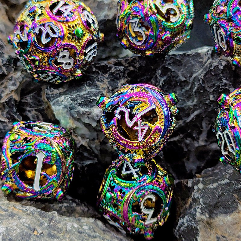 Mini Planet Wholesale RPG Board Games Handmade polyhedral Hollow Copper Metal 7pcs Dice Set Custom Logo for DND MTG Players