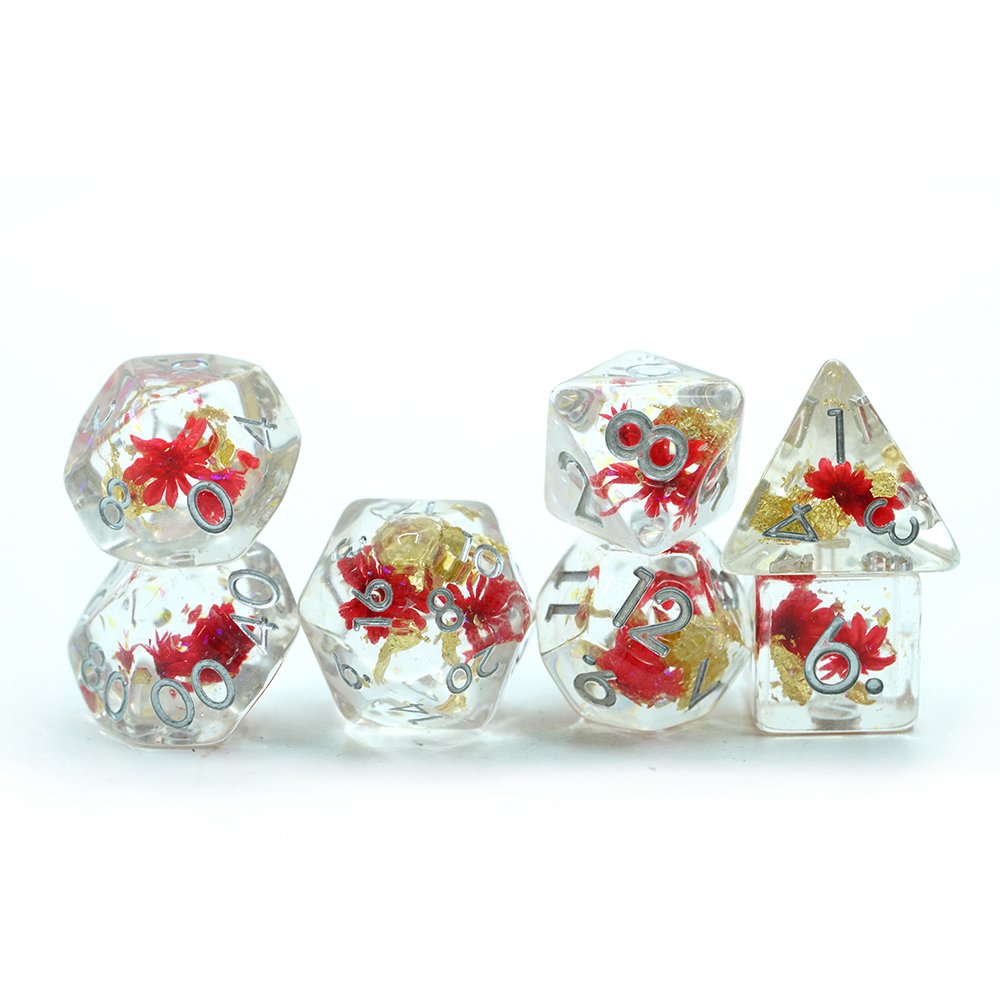 7 Piece Polyhedral Dnd Custom Translucent Clear Dice Set With Red Flower Inside