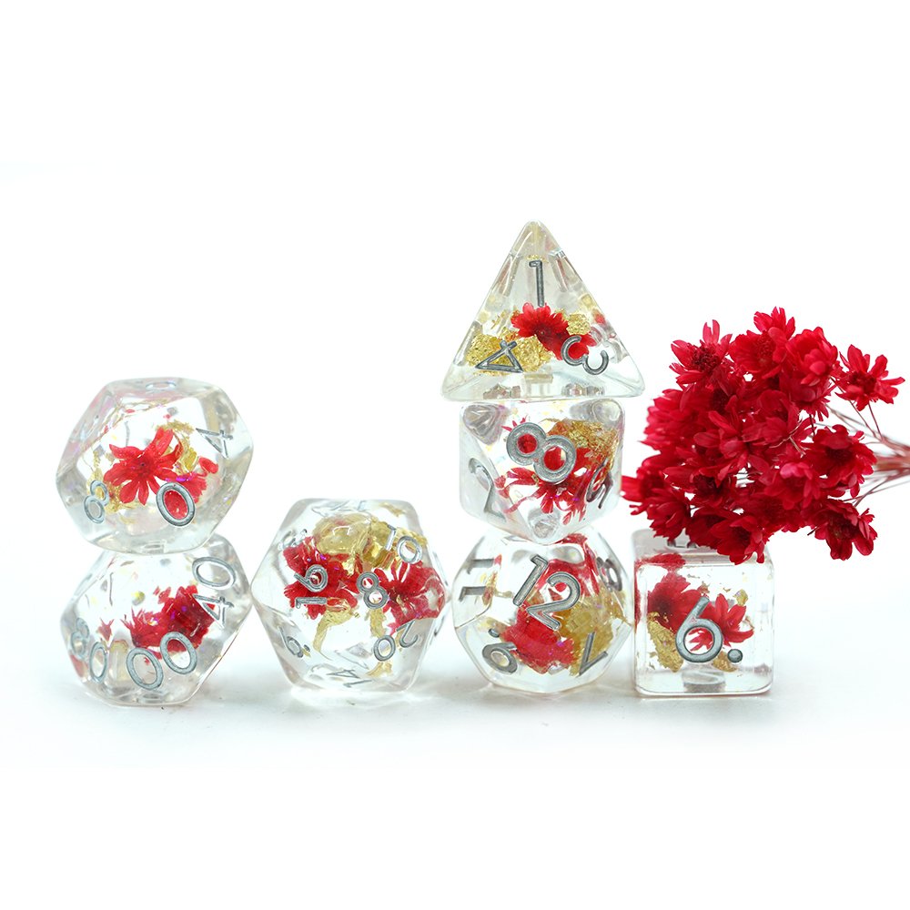 7 Piece Polyhedral Dnd Custom Translucent Clear Dice Set With Red Flower Inside