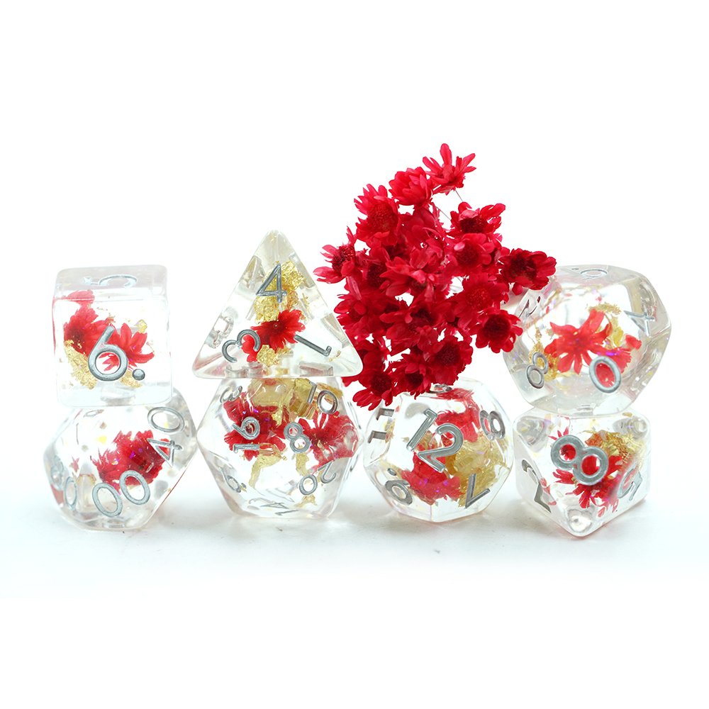 7 Piece Polyhedral Dnd Custom Translucent Clear Dice Set With Red Flower Inside