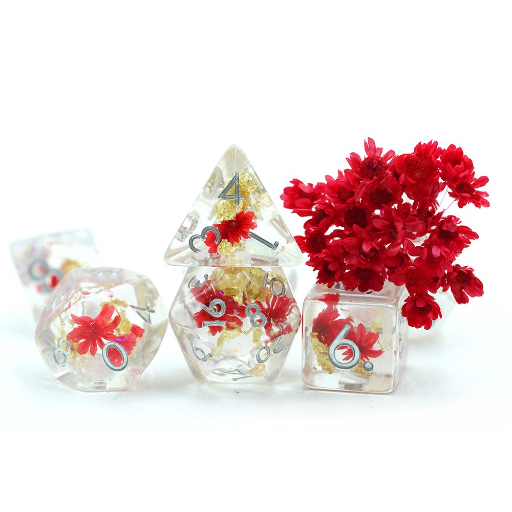 7 Piece Polyhedral Dnd Custom Translucent Clear Dice Set With Red Flower Inside